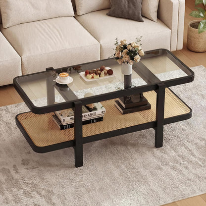 Goflame Rattan Coffee Table, 47.5" Rectangle Solid Wood Tea Table w/Tempered Glass Tabletop