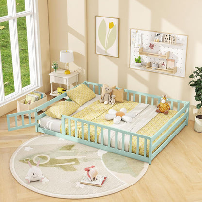 Goflame Floor Bed with Door & Fence Kids Wood Montessori Beds with Safety Guardrails