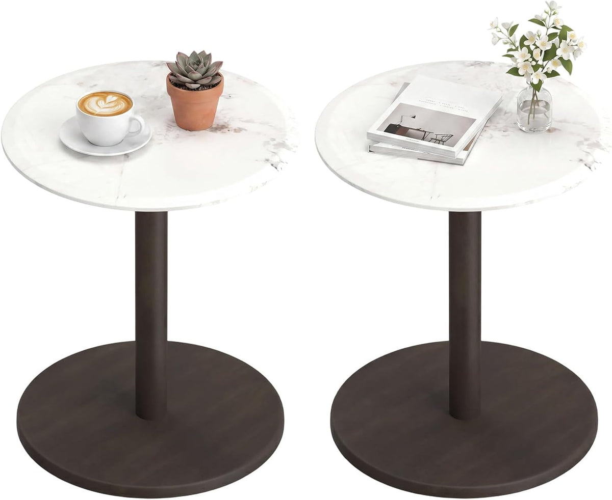 Goflame Round Marble Side Table w/Stone Finish & Wooden Pedestal (1/2)