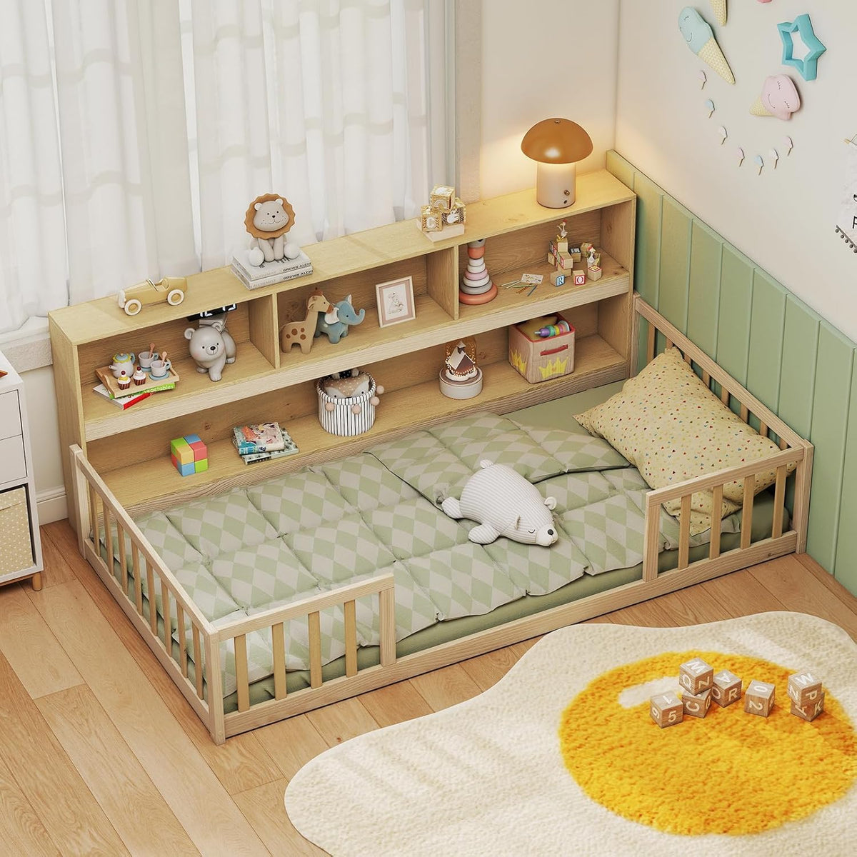Goflame Wooden Montessori Bed Frame with Bookcase