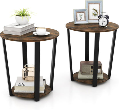 Goflame Round End Table Set of 1/2, 2-Tier Side Sofa Table with Open Storage Shelf and Metal Frame