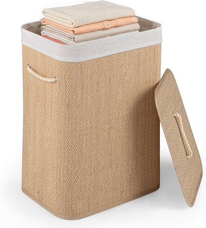 Goflame 19 Gal Rectangular Bamboo Laundry Hamper with Lid