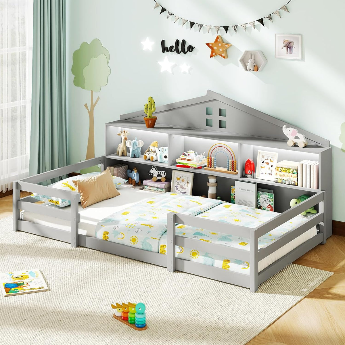 Goflame Montessori Floor Bed with LED Lights 2-in-1 Wooden House Bed Frame with Safety Guardrails