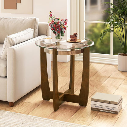 Goflame Round Glass End Table - 24’’ Side Table with Tempered Glass Top