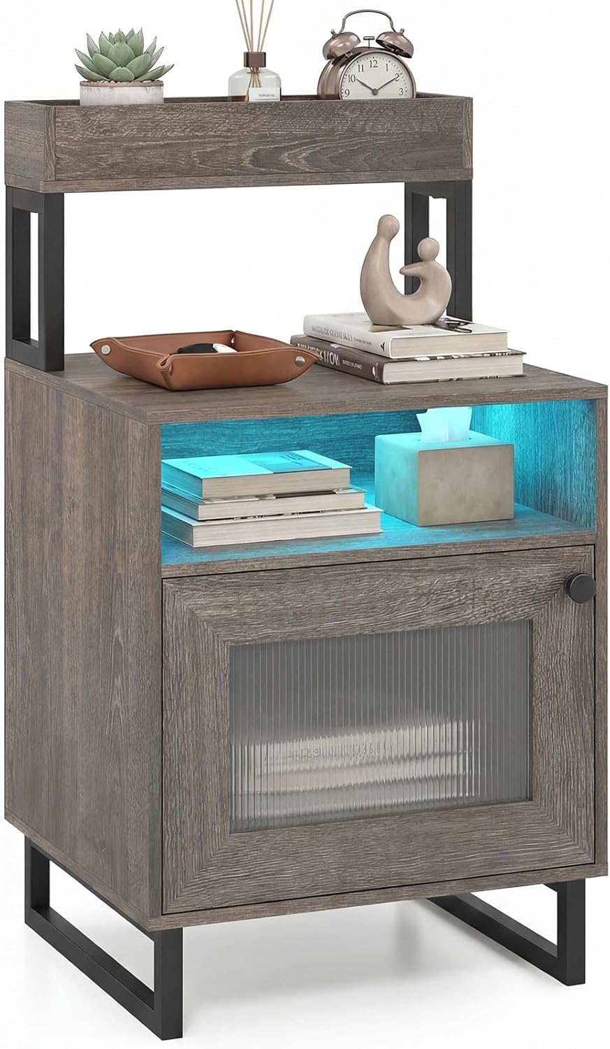 Goflame Night Stand with LED Lights | Tall Sofa Side Couch End Table w/Top Tray (1/2)
