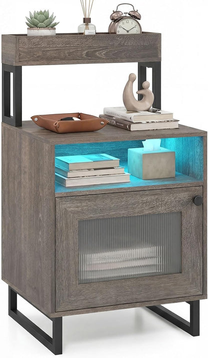 Goflame Night Stand with LED Lights | Tall Sofa Side Couch End Table w/Top Tray (1/2)