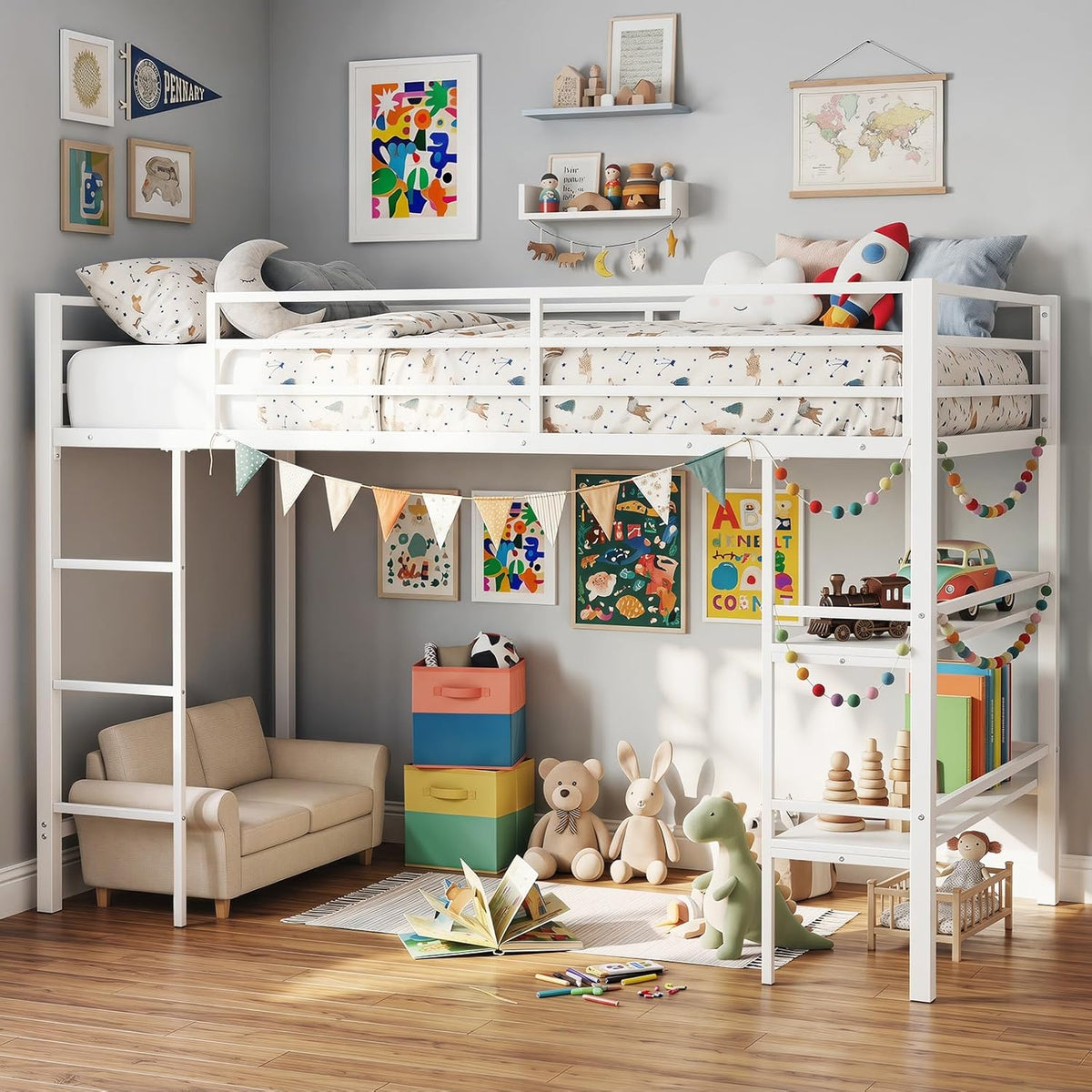 Goflame Low Loft Bed Twin Size Heavy Duty Metal Frame w/Storage Shelves