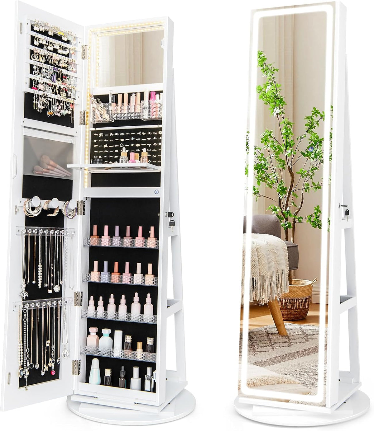 360° Swivel Jewelry Cabinet Armoire with Full Length Mirror, Standing Jewelry Storage Organizer with Rear Storage Shelves