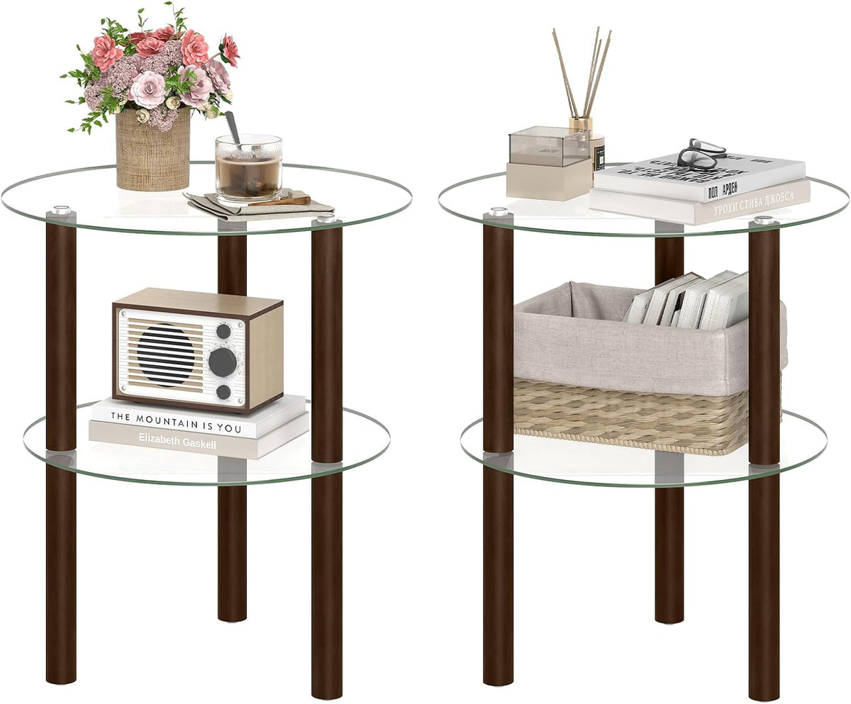 Goflame Round/Square 2-Tier Sofa Side Table with Clear Tempered Glass Top & Shelf (1/2)