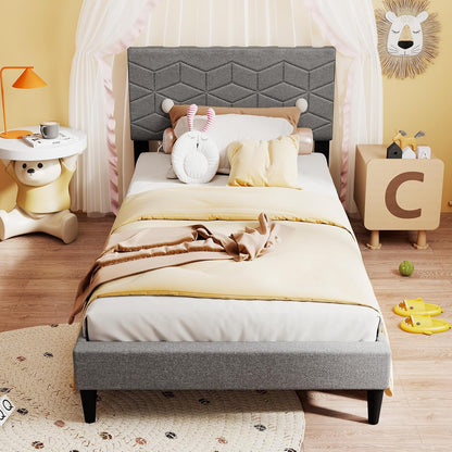 Goflame Queen/Full/Twin Size Upholstered Bed Frame Modern Platform Bed with Linen Fabric Geometric Headboard