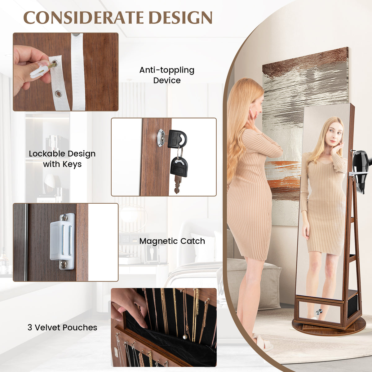 360 Rotating Jewelry Cabinet with Full Length Mirror, Standing LED Jewelry Armoire