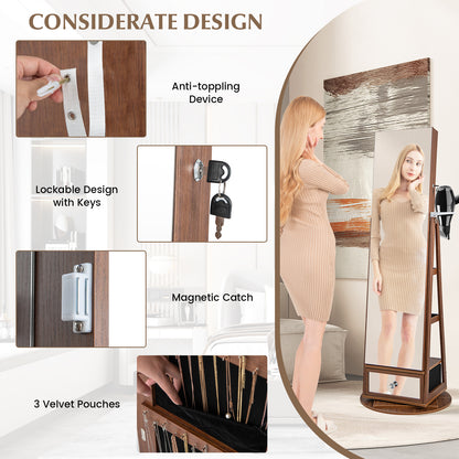 360 Rotating Jewelry Cabinet with Full Length Mirror, Standing LED Jewelry Armoire