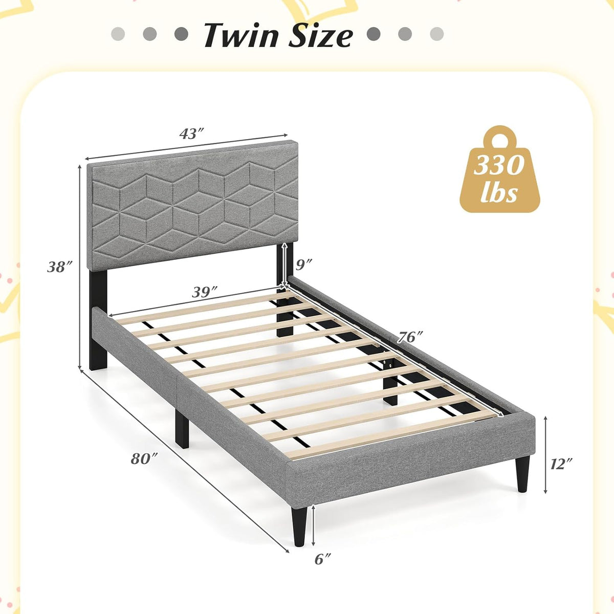 Goflame Queen/Full/Twin Size Upholstered Bed Frame Modern Platform Bed with Linen Fabric Geometric Headboard