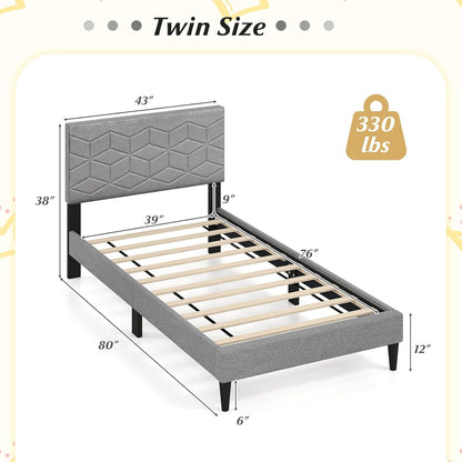 Goflame Queen/Full/Twin Size Upholstered Bed Frame Modern Platform Bed with Linen Fabric Geometric Headboard