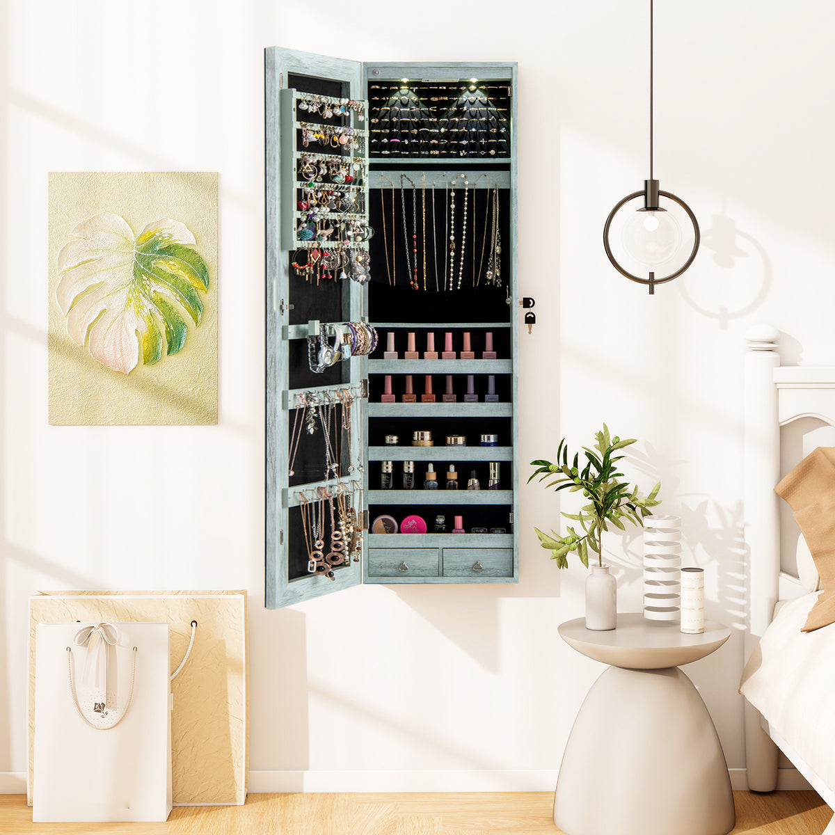 Jewelry Cabinet Wall Door Mounted, 47.5” Frameless Full Length Mirror with Storage & LED Lights