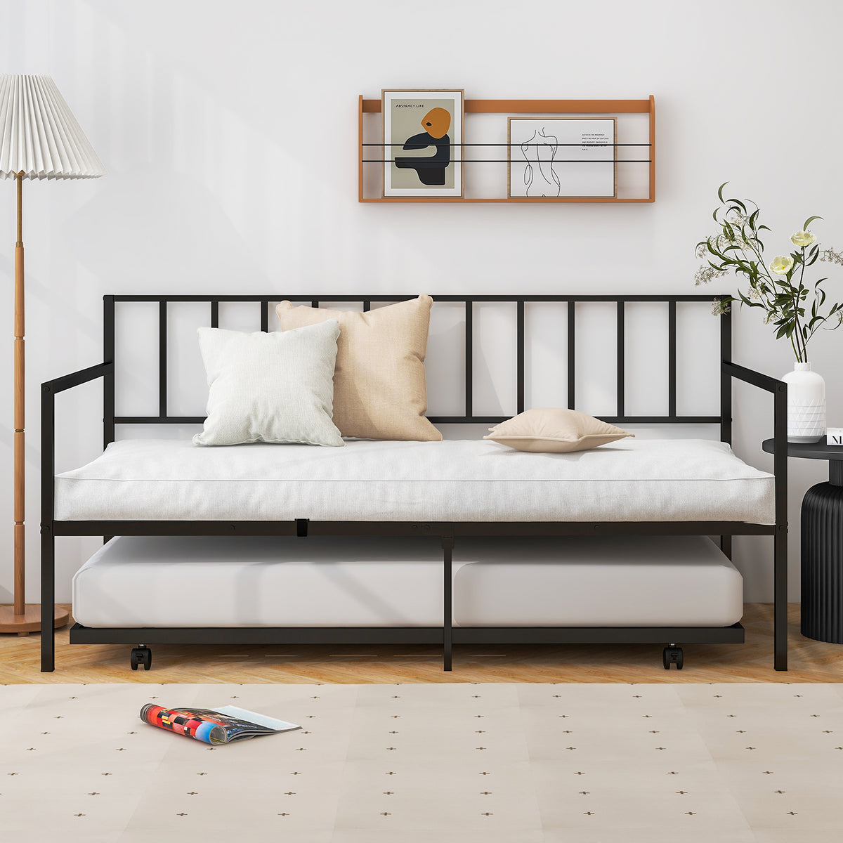Daybed with Trundle Twin Size, Space-Saving Sofa Bed Frame with Rolling Pull-Out Bed