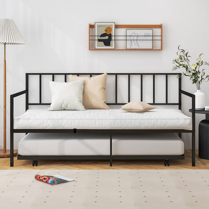 Daybed with Trundle Twin Size, Space-Saving Sofa Bed Frame with Rolling Pull-Out Bed