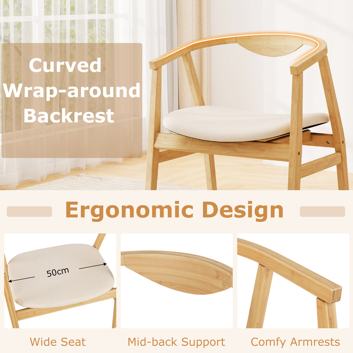Bamboo Accent Chair, Mid-Century Modern Armchair with Padded Seat, Curved Backrest and Wrap-Around Armrest