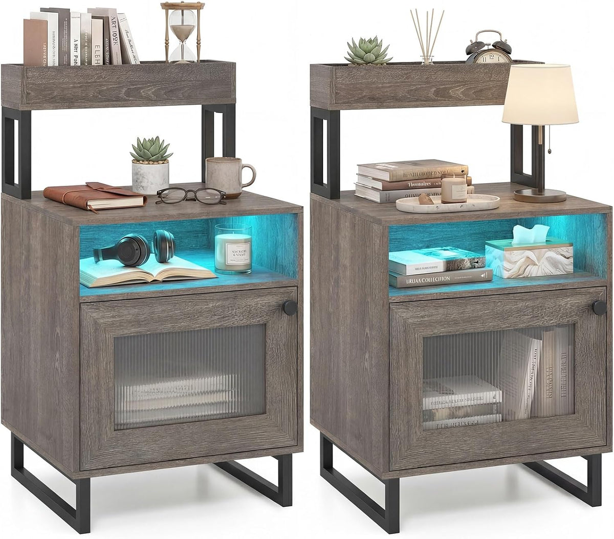 Goflame Night Stand with LED Lights | Tall Sofa Side Couch End Table w/Top Tray (1/2)