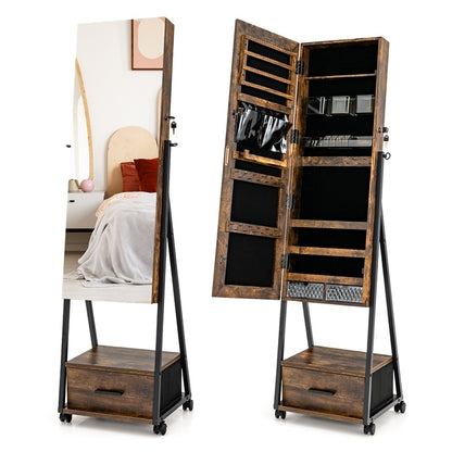Rolling Jewelry Armoire Cabinet, Full Length Mirror with Storage, Floor Standing Lockable Jewelry Cabinet with Wheels