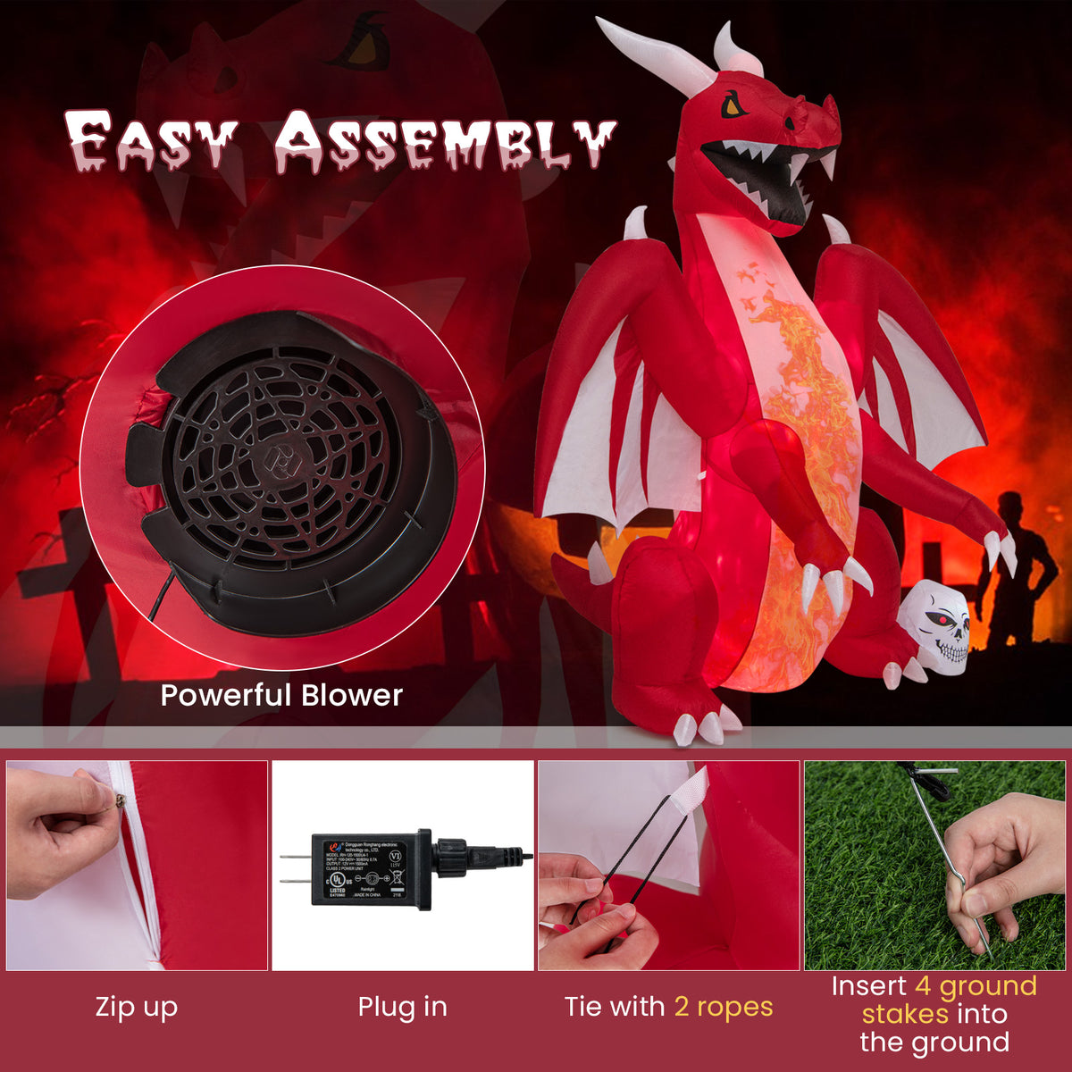 8 FT Halloween Inflatable Fire Dragon, Flash Blow up Lighted Inflatables with Multi-Color Skull