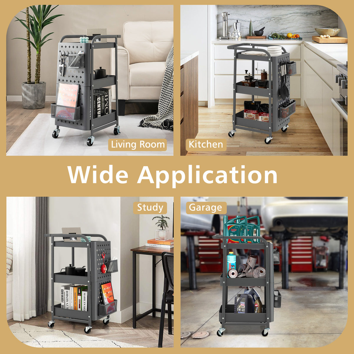 3-Tier Rolling Storage Cart with DIY Dual Pegboards, 2 Baskets, 4 Removable Hooks