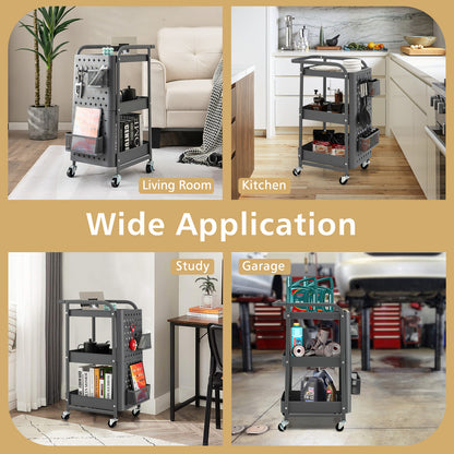 3-Tier Rolling Storage Cart with DIY Dual Pegboards, 2 Baskets, 4 Removable Hooks