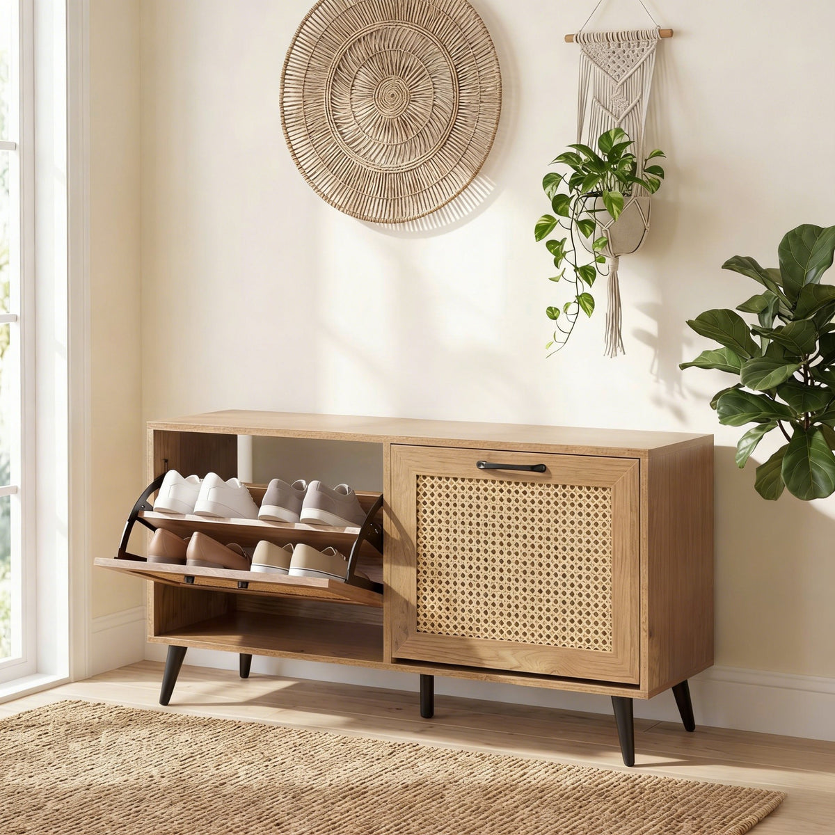 Rattan Shoe Storage Cabinet with 2 Flip Drawers, Hidden Shoe Storage Organizer with Adjustable Shelves and Metal Legs