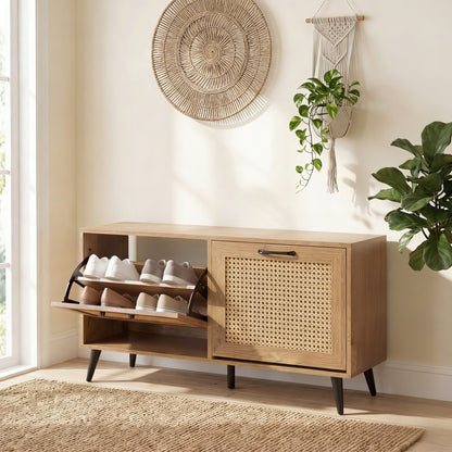 Rattan Shoe Storage Cabinet with 2 Flip Drawers, Hidden Shoe Storage Organizer with Adjustable Shelves and Metal Legs