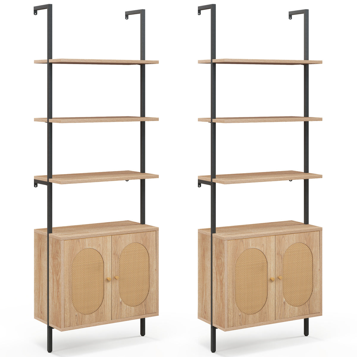 72.5'' Tall Bookshelf with Cabinet, 4-Tier Wall Mount Ladder Shelf with Rattan Cabinet