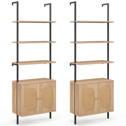 72.5'' Tall Bookshelf with Cabinet, 4-Tier Wall Mount Ladder Shelf with Rattan Cabinet