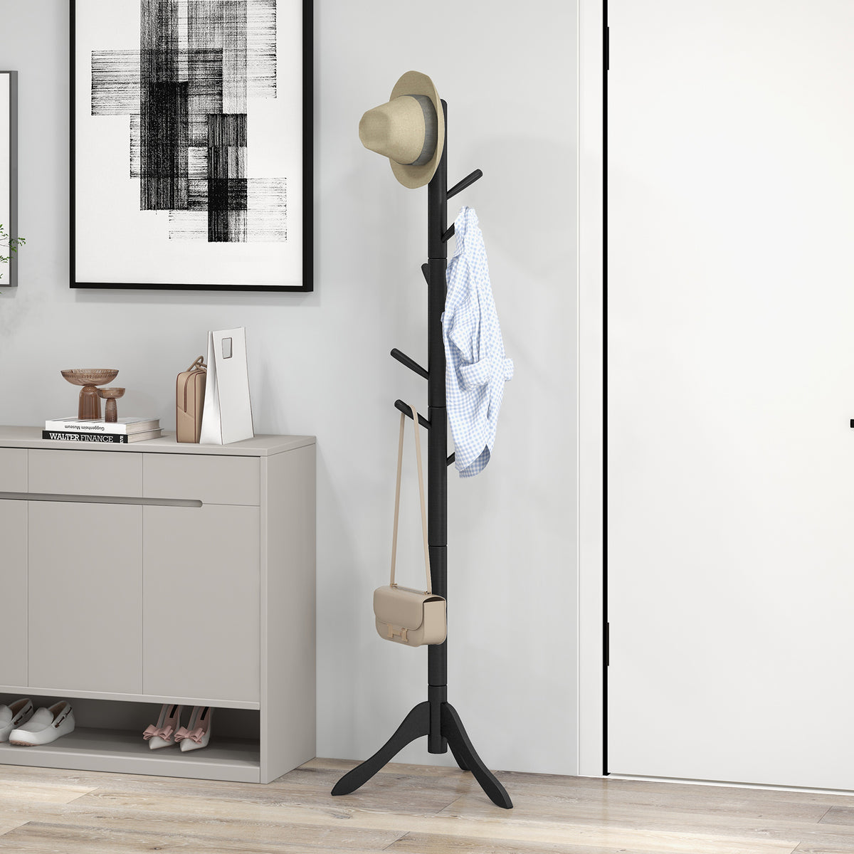 Coat Rack Freestanding, Wooden Entryway Coat Tree Hanger with 8 Hooks and 4 Sections