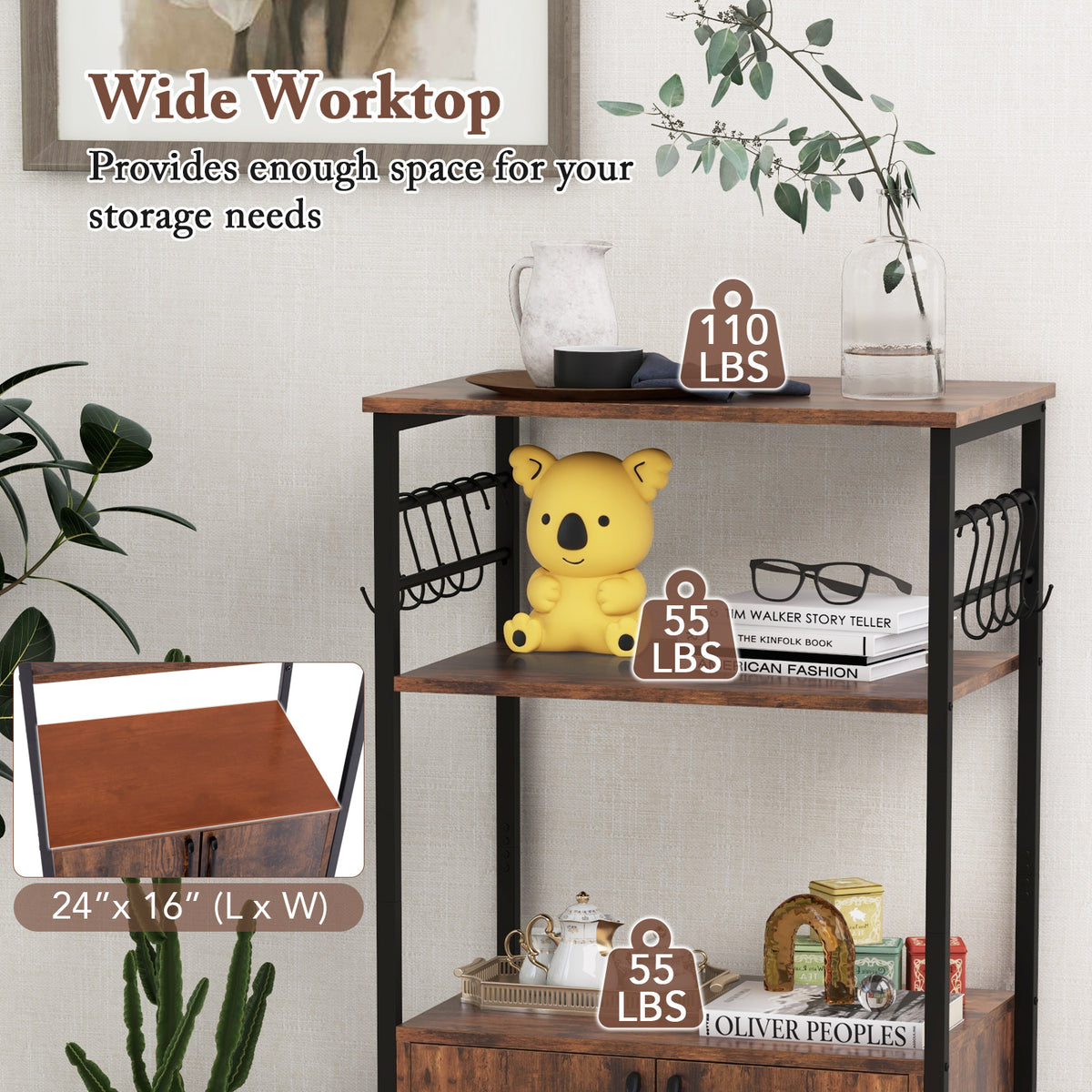 Kitchen Baker's Rack with Cabinet, 3-Tier Pantry Cabinet with 2 Open Shelves