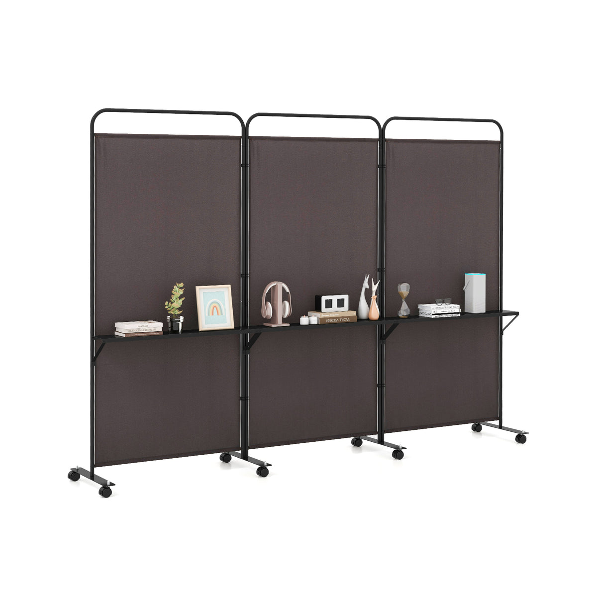 3 Panel Room Divider with Storage Shelves, 6FT Folding Privacy Screen with Lockable Wheels