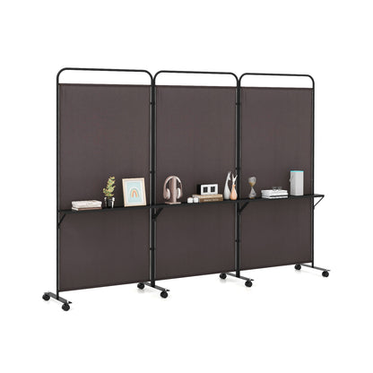 3 Panel Room Divider with Storage Shelves, 6FT Folding Privacy Screen with Lockable Wheels