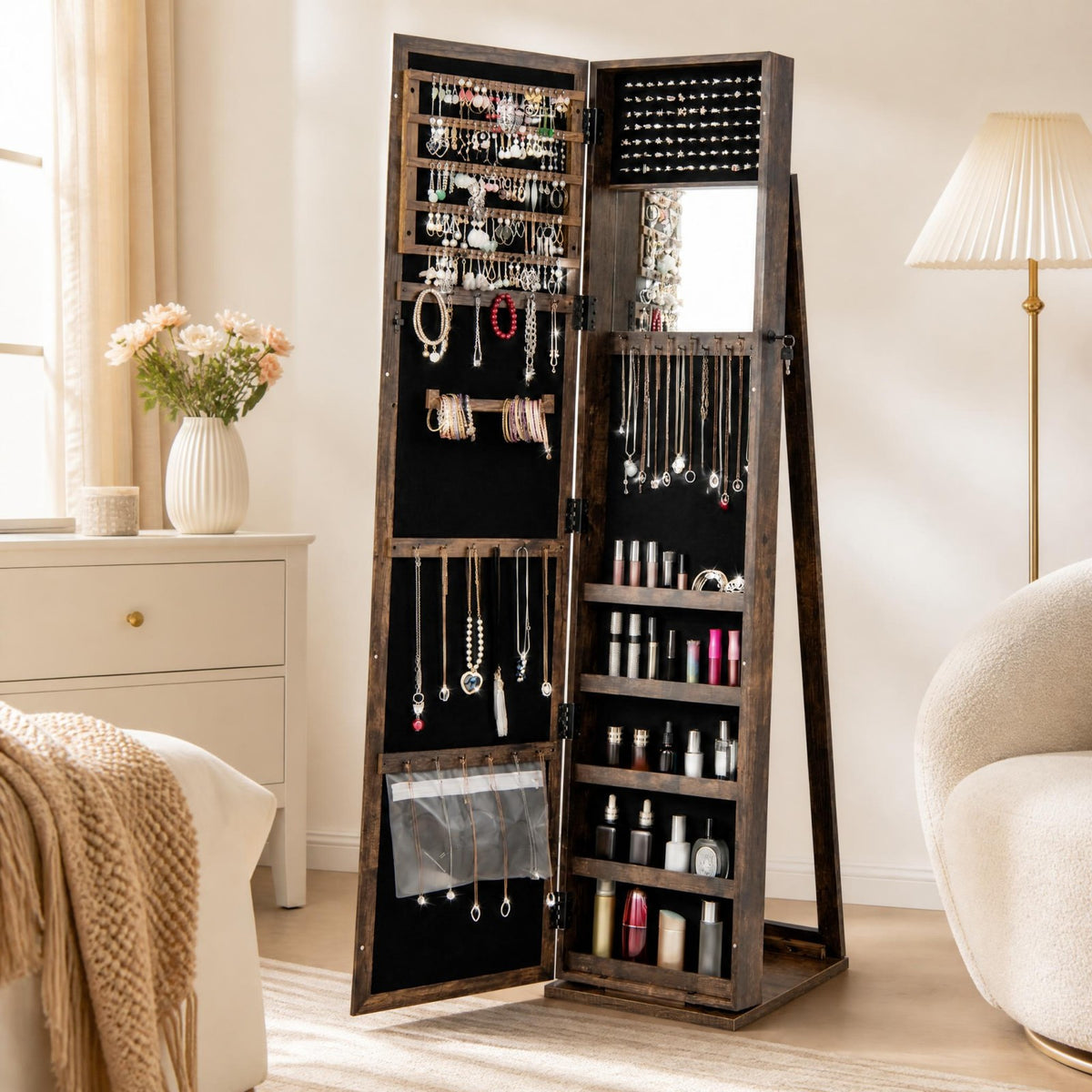 Jewelry Cabinet with Full-length Mirror, Jewelry Storage Organizer with Makeup Mirror