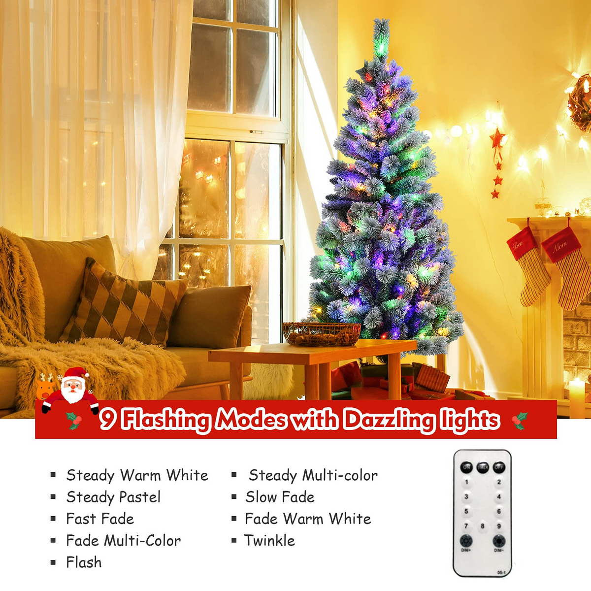 Goflame Snow Flocked Christmas Tree, Premium Hinged Artificial Pine Tree, Remote Controller, Xmas Full Tree for Indoor - GoflameUS