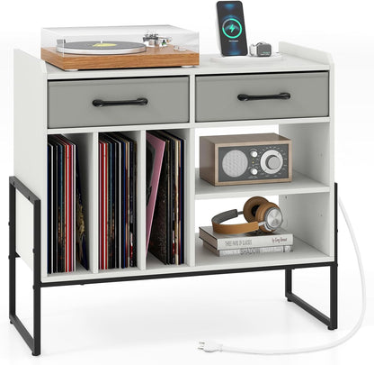 Goflame Large Record Player Stand with Charging Station Mid Century Modern Vinyl Storage Cabinet