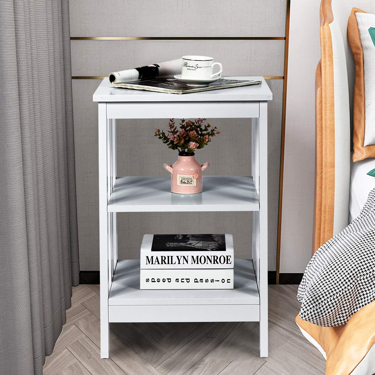 Goflame Nightstand 3-Tier Sofa Side Table W/Reinforced Bars and Stable Structure