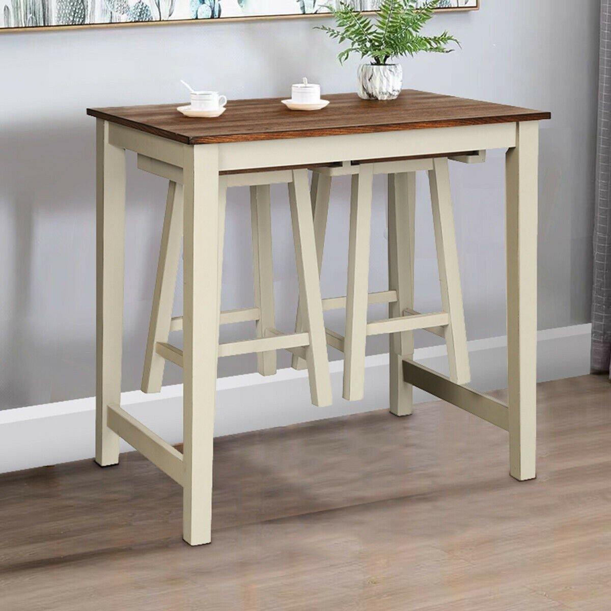 3 Piece Pub Dining Set, Counter Height Pub Table with 2 Saddle Bar Stools, Tavern Collection Table (Brown & Milky White) - Goflameus