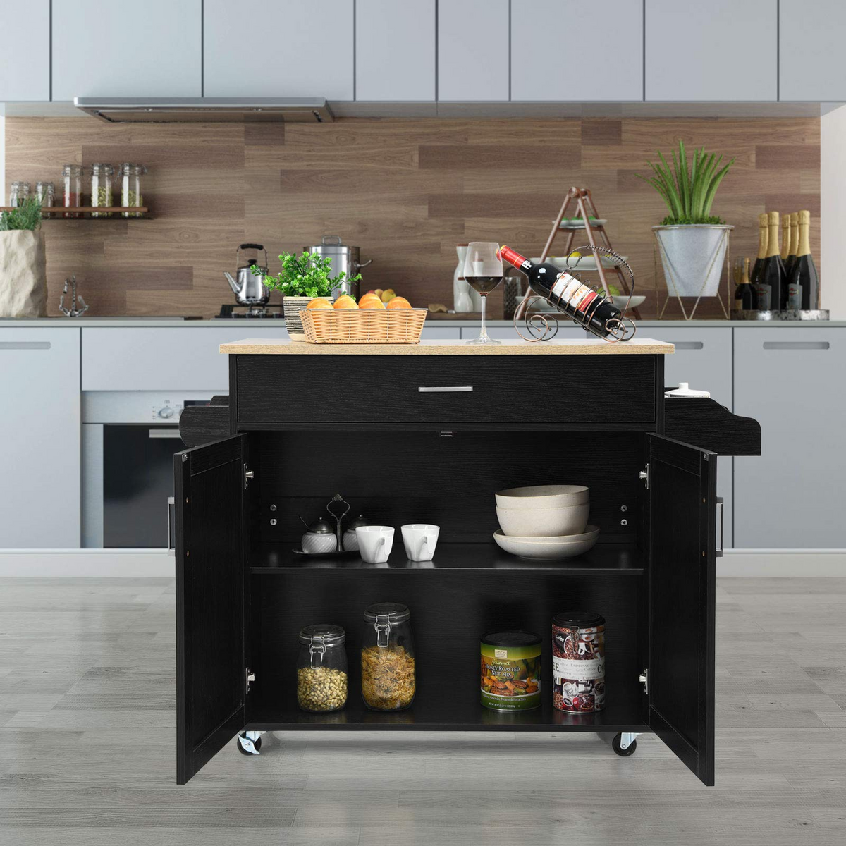 Goflame Kitchen Island, Rolling Kitchen Cart with Spice and Towel Rack, Large Drawer & 2-Door Storage Cabinet