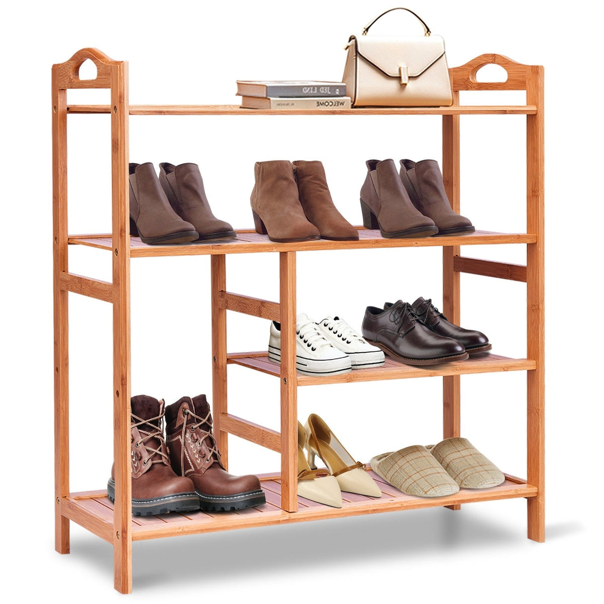 4-Tier Shoe Rack, Bamboo Shoe and Boot Rack 12-14 Pairs - Goflameus