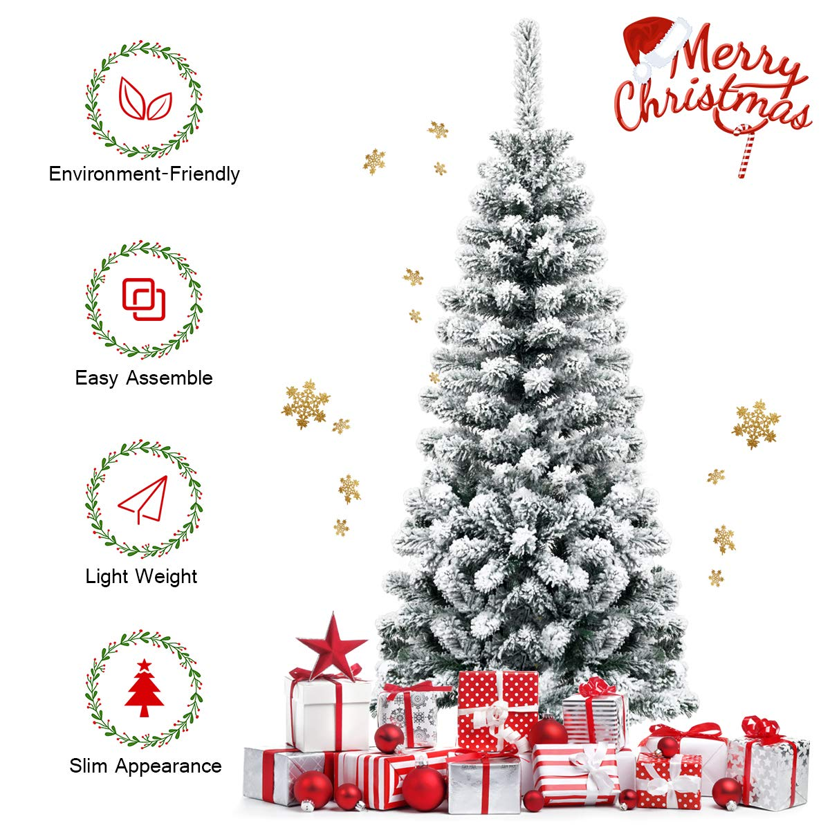 Goflame Artificial Snow Flocked Christmas Tree, Slim Xmas Snowy Tree for Indoor and Outdoor Use - GoflameUS