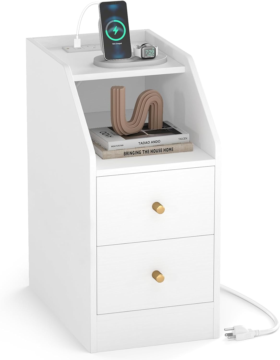 Goflame Side End Table with Charging Station Sofa Couch Table with Shelf Drawers