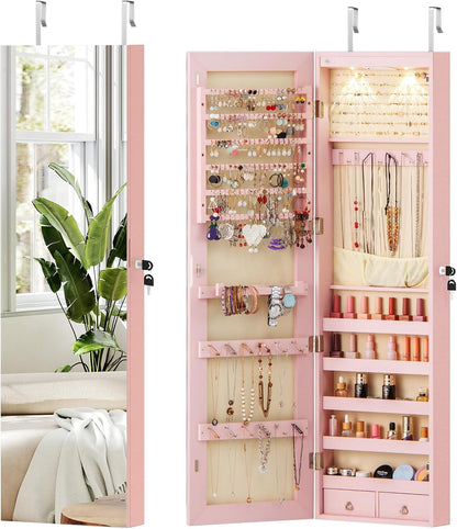 Jewelry Cabinet Wall Door Mounted, 47.5” Frameless Full Length Mirror with Storage & LED Lights