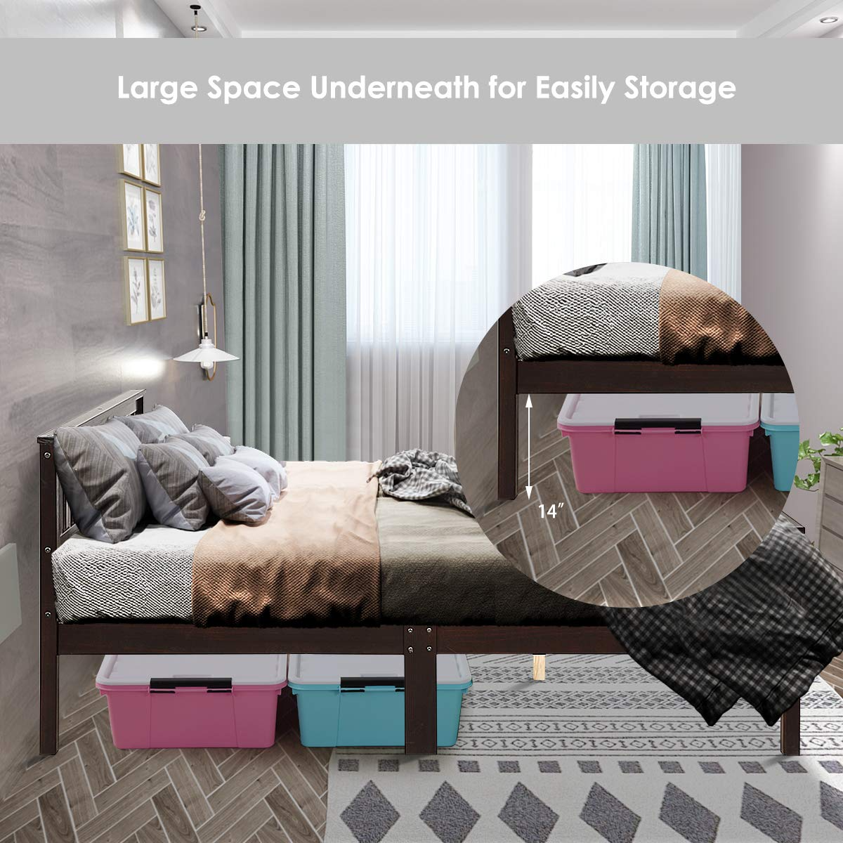 Goflame Queen Size Wood Slats Great Support with Six Legs, No Box Spring Needed, Antique Espresso