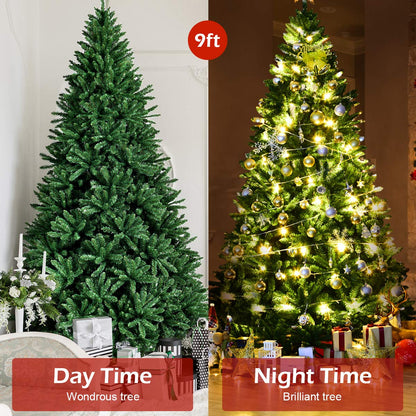 9ft Artificial Douglas Christmas Tree, Unlit Hinged Pine Tree, with 3594 Branch Tips and Solid Metal Stand - GoflameUS