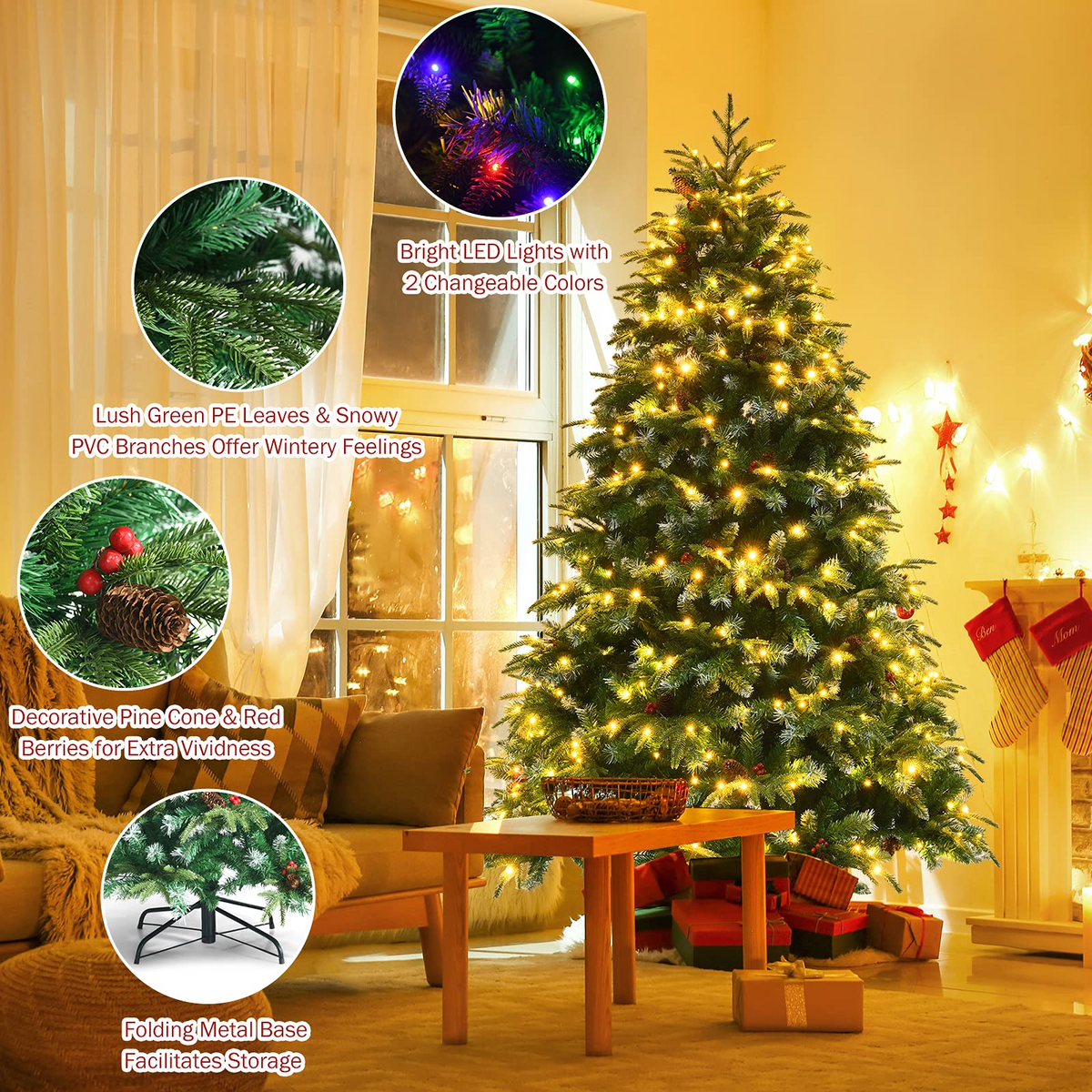 Goflame 7FT Pre-Lit Artificial Christmas Tree, Hinged Realistic Snowy Xmas Pine Tree W/ 450 Color Changing LED Lights, 11 Flash Modes - GoflameUS