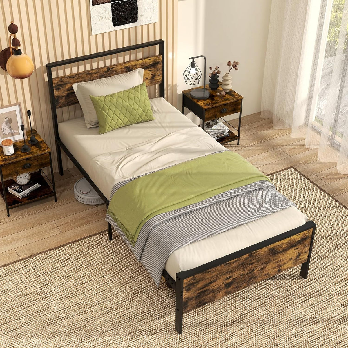 Goflame Twin Size/Full Size/King Size/Queen Metal Platform Bed Frames with Wooden Headboard & Footboard