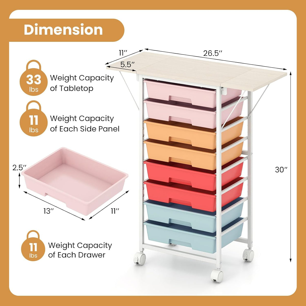 GOFLAME Rolling Storage Cart with Foldable Wooden Top